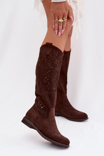 Damen Stiefel mit Lochmuster und breiten Absätzen S.Barski HY61-8023, schokoladenfarbe 2