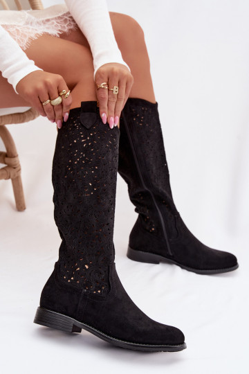 Damen Stiefel mit Lochmuster und breiten Absätzen S.Barski HY61-8023, schwarze Farbe