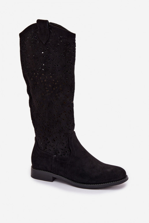 mit durchbrochenen Elementen Damenstiefel mit breiten Absätzen S.Barski HY61-8023 schZuarze Farbe