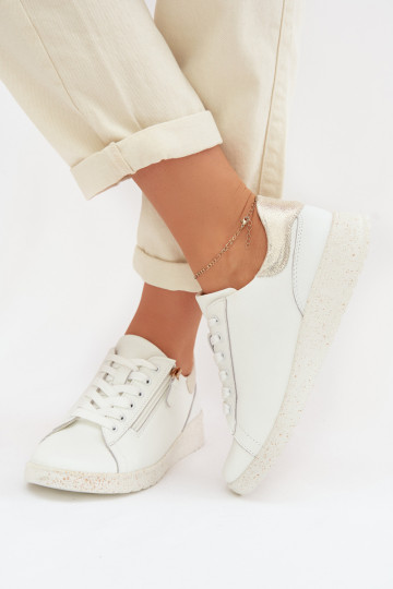 Haut Schuhe Feminin mit Reißverschlüssen INeiß-goldene Farbe Dorothea