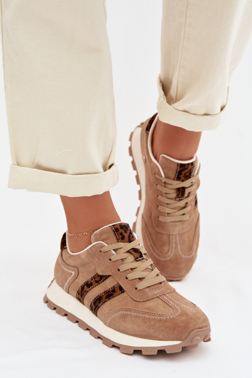 aus INildleder Sneakers Stilvollllschuhe Feminin mit einer Plattform mit Leopardenfellmuster S.Barski LR61-7071 braune Farbe