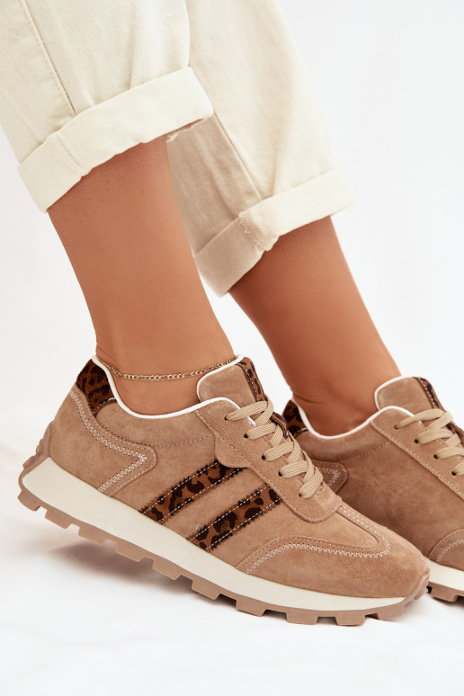 aus INildleder Sneakers Stilvollllschuhe Feminin mit einer Plattform mit Leopardenfellmuster S.Barski LR61-7071 braune Farbe