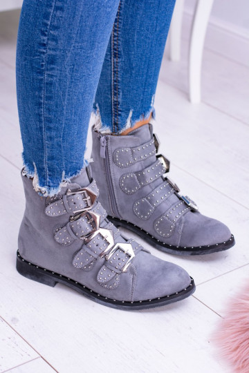 Lu Boo graue Stiefeletten Virginia Rock Star mit Nieten und Schnallen aus Wildleder