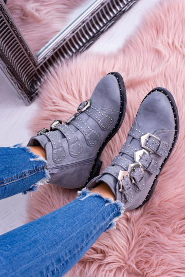 Lu Boo graue Stiefeletten Virginia Rock Star mit Nieten und Schnallen aus Wildleder 2