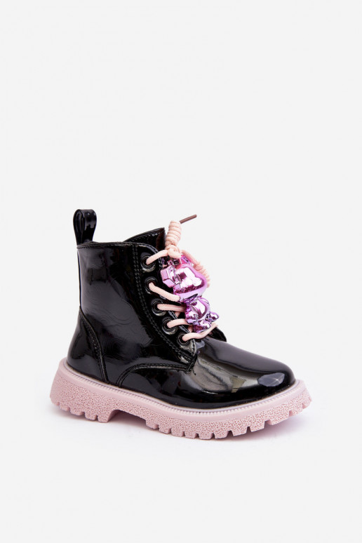 mit Lackeffekt Stiefel Kindisch sich Zuarm laufen mit Ornamenten SchZuarz und-pinke Farbe Bunnyjoy