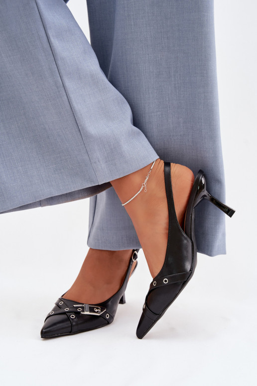 Damensandalen mit dünnen Absätzen mit Streifen I mit Schnallen schZuarze Farbe Parina