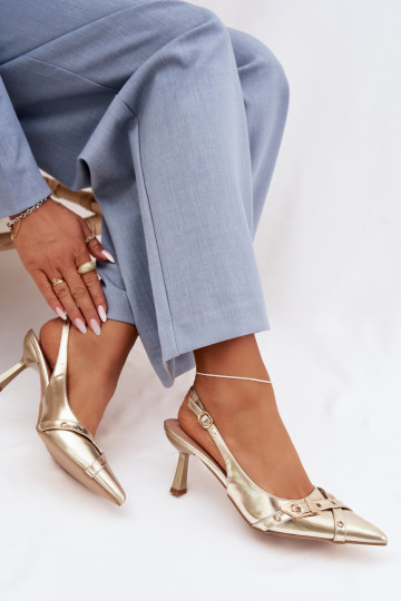 Damensandalen mit dünnen Absätzen mit Streifen I mit Schnallen goldene Farbe Parina