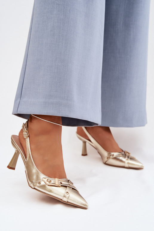 Damensandalen mit dünnen Absätzen mit Streifen I mit Schnallen goldene Farbe Parina