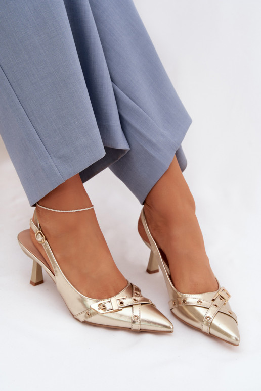 Damensandalen mit dünnen Absätzen mit Streifen I mit Schnallen goldene Farbe Parina