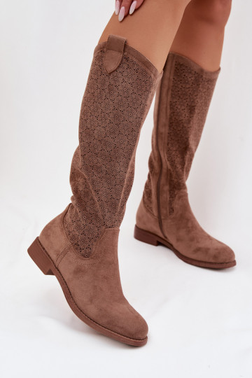 Damen Stiefel mit Lochmuster und breiten Absätzen S.Barski HY61-8022 braun 2
