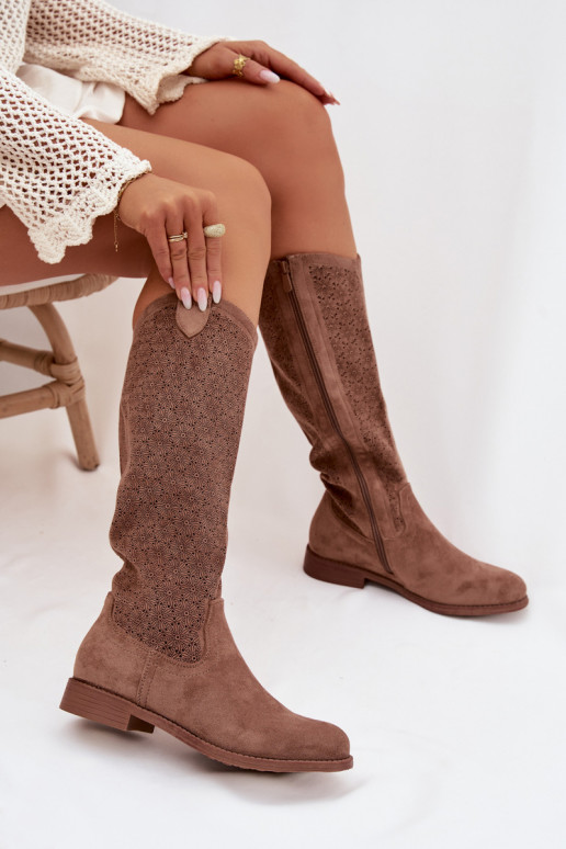 Damenstiefel mit durchbrochenen Elementen mit breiten Absätzen S.Barski HY61-8022 braune Farbe