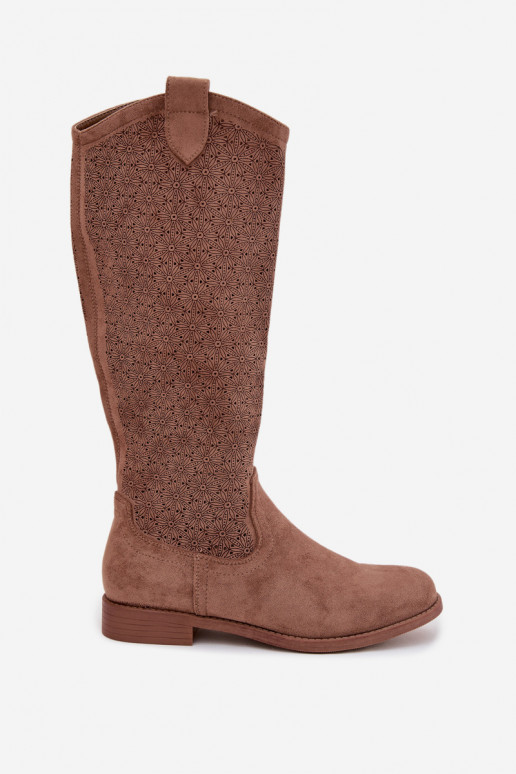 Damenstiefel mit durchbrochenen Elementen mit breiten Absätzen S.Barski HY61-8022 braune Farbe