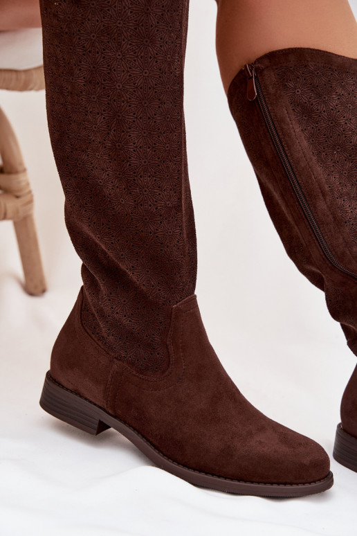 Damenstiefel mit durchbrochenen Elementen mit breiten Absätzen S.Barski HY61-8022 CzekoladoZue