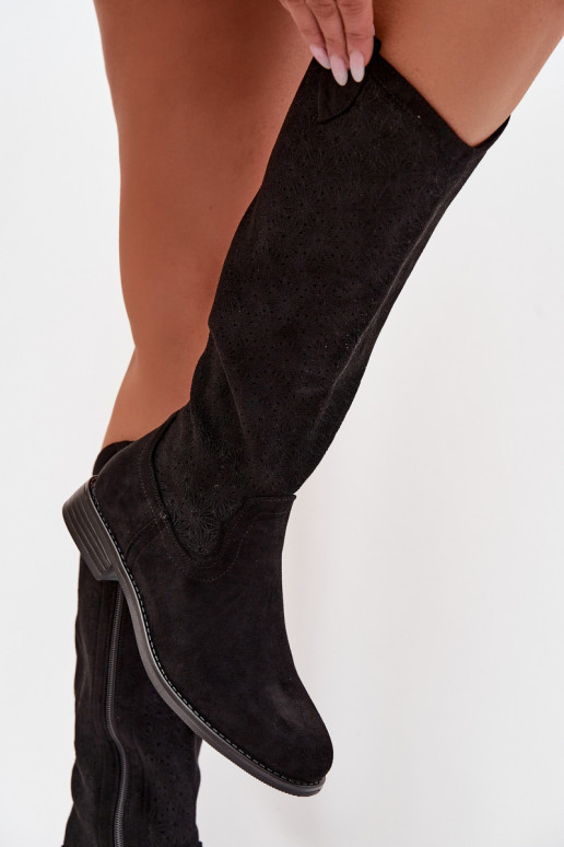 Damenstiefel mit durchbrochenen Elementen mit breiten Absätzen S.Barski HY61-8022 schZuarze Farbe