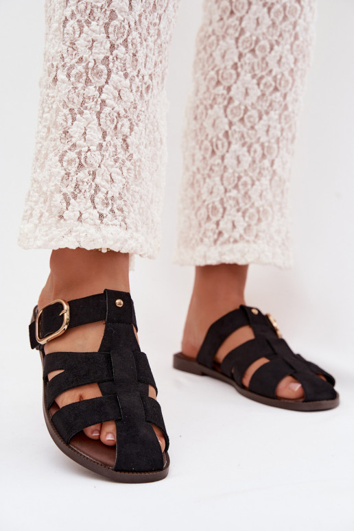 Damenhausschuhe mit breiten Absätzen mit Streifen I Złotą mit Schnallen schZuarze Farbe Elzora