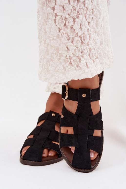 Damenhausschuhe mit breiten Absätzen mit Streifen I Złotą mit Schnallen schZuarze Farbe Elzora