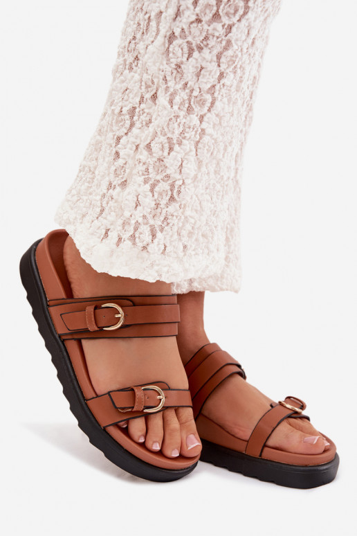 Damenhausschuhe mit einer Plattform mit Streifen I goldene Farbemi mit Schnallenmi braune Farbe Rirea