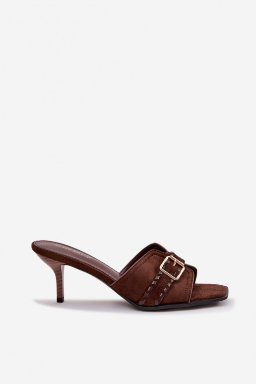 Damenhausschuhe mit dünnen Absätzen mit Riemen I Złotą mit Schnallen CzekoladoZue Jelira