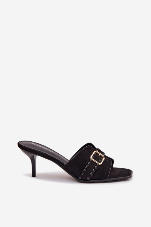 Damenhausschuhe mit dünnen Absätzen mit Riemen I Złotą mit Schnallen schZuarze Farbe Jelira