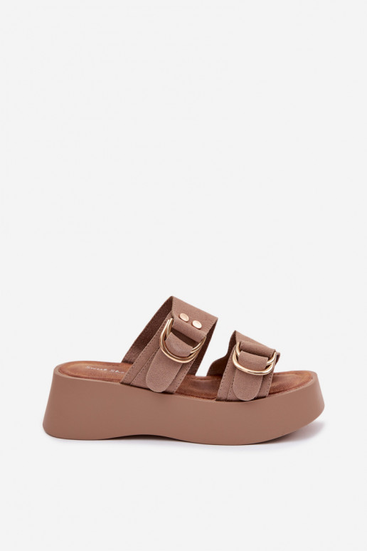 Damenhausschuhe mit einer Plattform Ze goldene Farbemi mit Schnallenmi Beige Nelirae