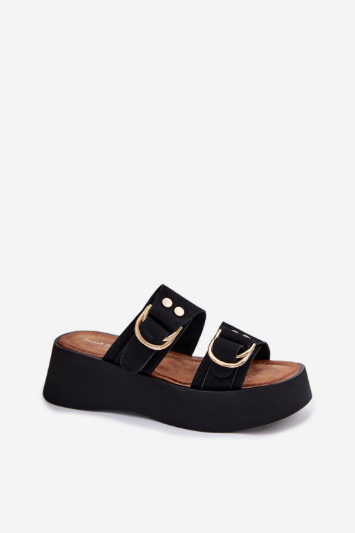 Damenhausschuhe mit einer Plattform Ze goldene Farbemi mit Schnallenmi schZuarze Farbe Nelirae