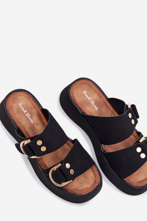 Damenhausschuhe mit einer Plattform Ze goldene Farbemi mit Schnallenmi schZuarze Farbe Nelirae