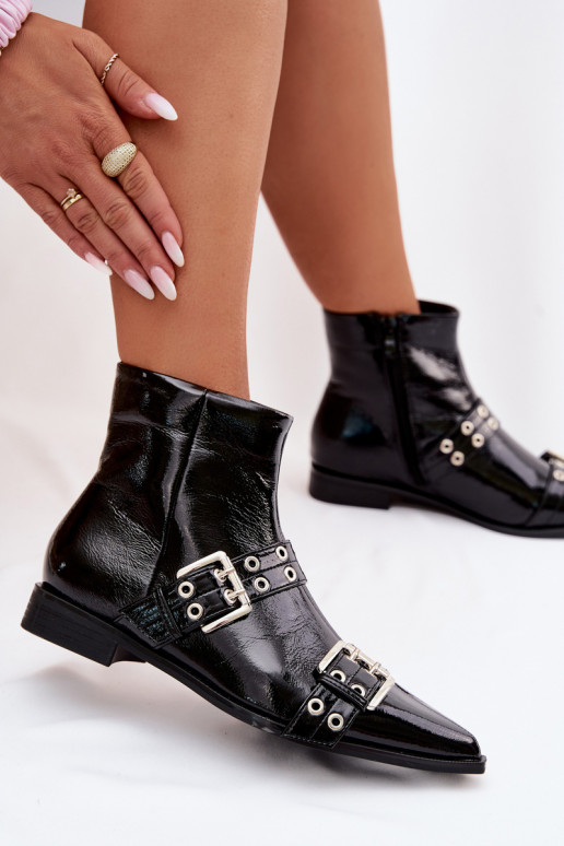 mit Lackeffekt Damenstiefel mit breiten Absätzen mit Streifen I mit Schnallenmi schZuarze Farbe Hamira