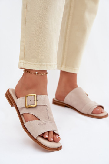Damen Wildleder Pantoletten mit breiten Absätzen und Schnallen Big Star TT274476 sandfarbene Farbe 2