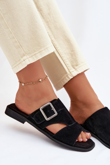 INildleder-Hausschuhe für Damen mit breiten Absätzen mit Schnallen Big Star TT274477 schZuarze Farbe