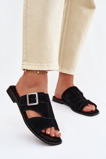 Damen Wildleder Pantoletten mit breiten Absätzen und Schnallen Big Star TT274477 schwarze Farbe 2