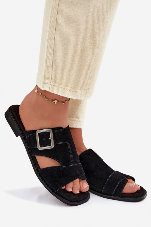 INildleder-Hausschuhe für Damen mit breiten Absätzen mit Schnallen Big Star TT274477 schZuarze Farbe