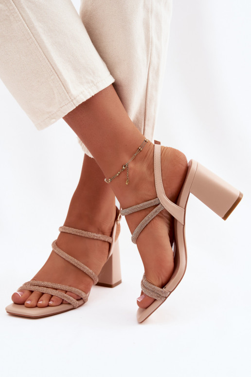 Damen-Sandalen mit hohen Absätzen mit Streifen Und Zirkone Beige Brelia
