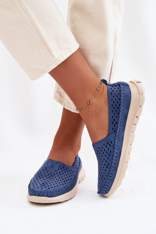 mit durchbrochenen Elementen  Mokassins für Damen Sergio Leone MK099H blaue Farbe