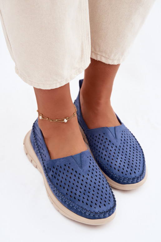 mit durchbrochenen Elementen  Mokassins für Damen Sergio Leone MK099H blaue Farbe