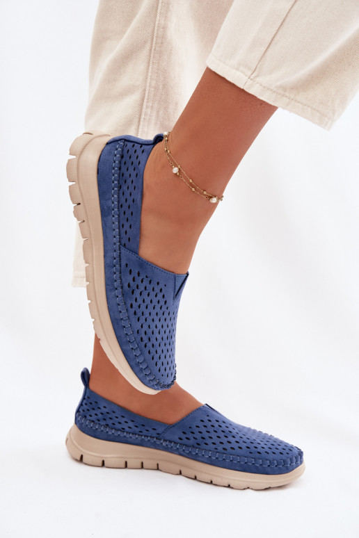 mit durchbrochenen Elementen  Mokassins für Damen Sergio Leone MK099H blaue Farbe