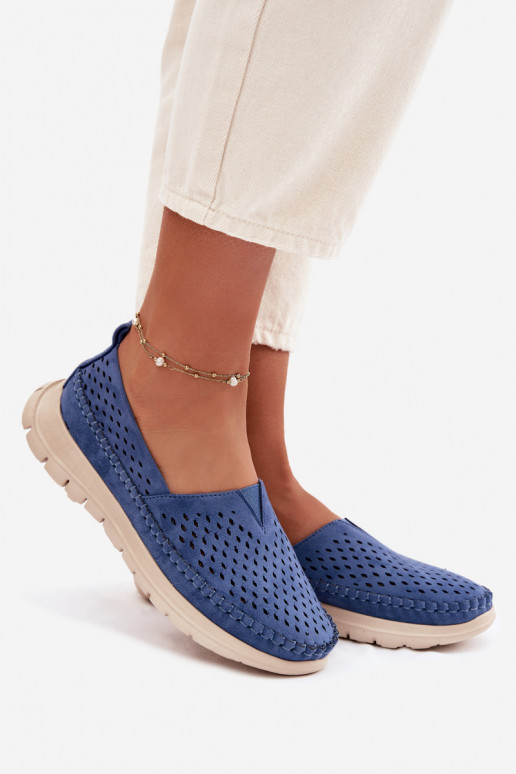 mit durchbrochenen Elementen  Mokassins für Damen Sergio Leone MK099H blaue Farbe