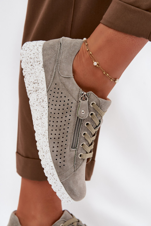 aus INildleder Schuhe Feminin mit Reißverschlüssen Khaki-Farbe-Farbe Cemela