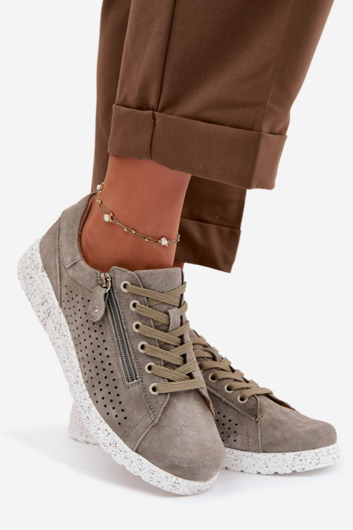 aus INildleder Schuhe Feminin mit Reißverschlüssen Khaki-Farbe-Farbe Cemela