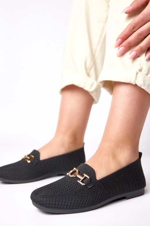 Schwarze Stoffmokassins mit goldener...