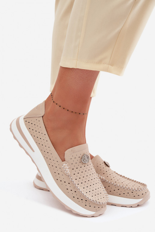 mit durchbrochenen Elementen Mokassins für DamenErmöglichtturalnej Skóry Beige Kemela