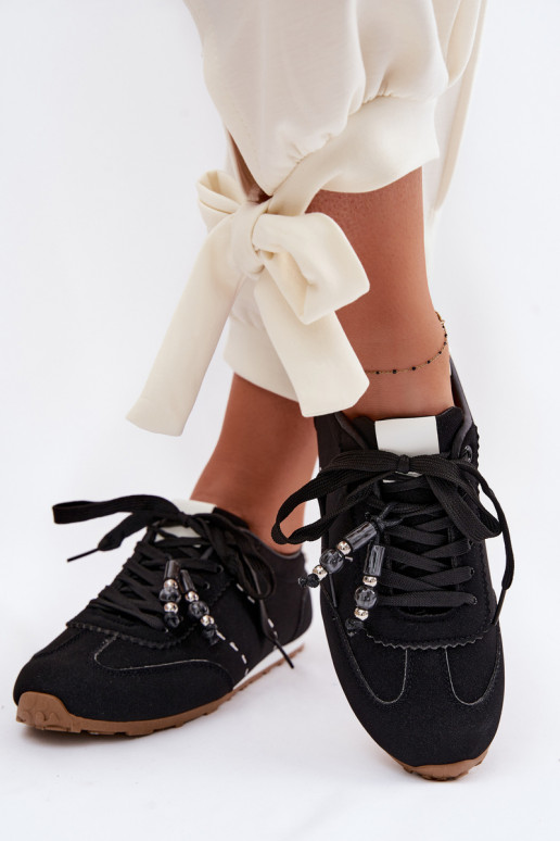 Sneakers Stilvollllschuhe Damentief mit Perlen schZuarze Farbe Galora