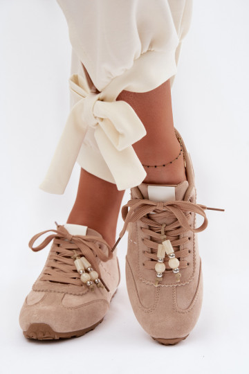 Sneakers Stilvollllschuhe Damentief mit Perlen Beige Galora