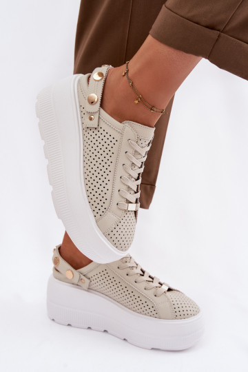 Leder-Sport-Schuhe mit durchbrochenen Elementen für Frauen mit Plattform und Riemchen D&A LR61-7088 sandfarben 2