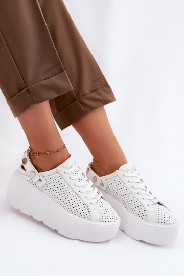 Leder-Sport-Schuhe mit durchbrochenen Elementen für Frauen mit Plattform und Riemchen D&A LR61-7088 weiß