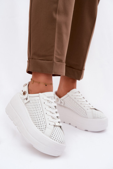 Leder-Sport-Schuhe mit durchbrochenen Elementen für Frauen mit Plattform und Riemchen D&A LR61-7088 weiß 2