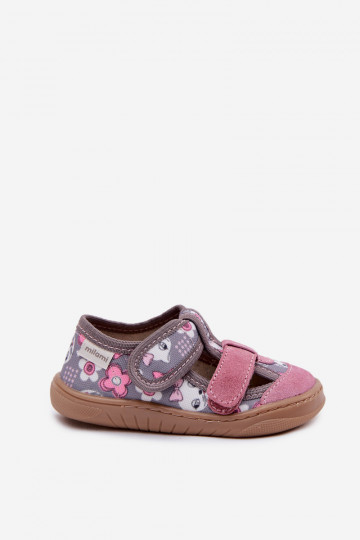 Hausschuhe Barefoot Kindisch Milami Katzen I mit Blumen grau-pinke Farbe Lumi 2