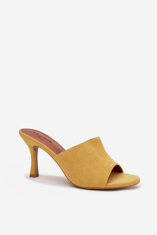 Damenhausschuhe mit dünnen Absätzenaus Öko-INildlederu gelbe Farbe Isolia