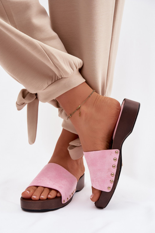 Damenhausschuhe Ze goldene Farbemi Stollen pinke Farbe Ferinna