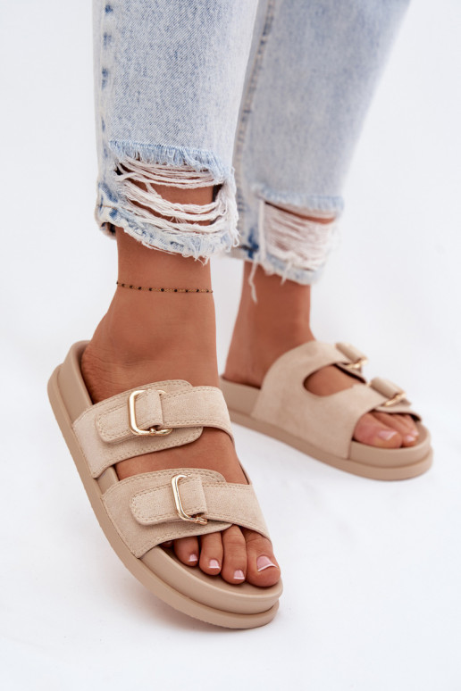 Damenhausschuhe Ze goldene Farbemi mit Schnallenmi Beige Pelorin