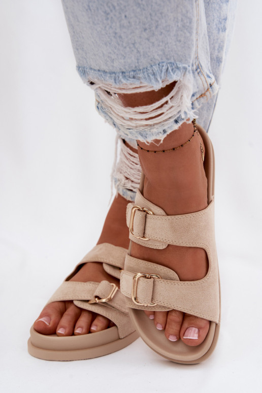 Damenhausschuhe Ze goldene Farbemi mit Schnallenmi Beige Pelorin